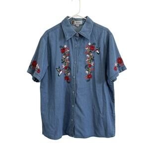 Vintage Passion-I Womens Plus Size 1X Denim Short Sleeve Embroidered Blouse